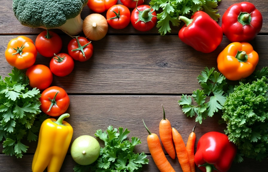 Variety of fresh, colorful vegetables and fruits arranged aesthetically on a wooden table.
