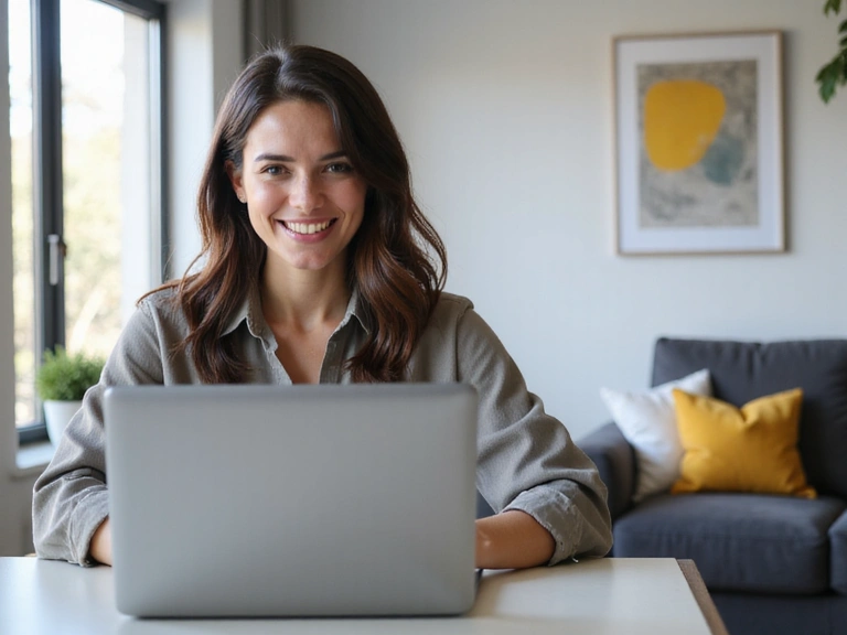 A woman smiling and talking on a video call on her laptop, with a warm and inviting home office background, symbolizing convenient online nutritional consultation.