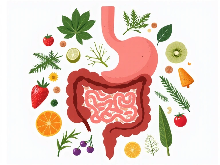 A stylized illustration of a healthy gut microbiome with beneficial bacteria and colorful probiotics, surrounded by fresh fruits and vegetables, symbolizing digestive health and gut balance.